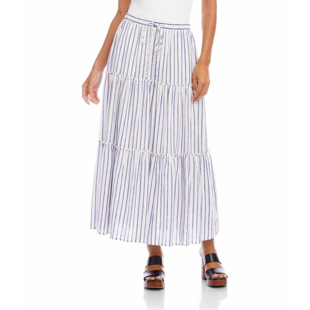 NEW KAREN KANE stripe tiered midi skirt - petite in off white with blue